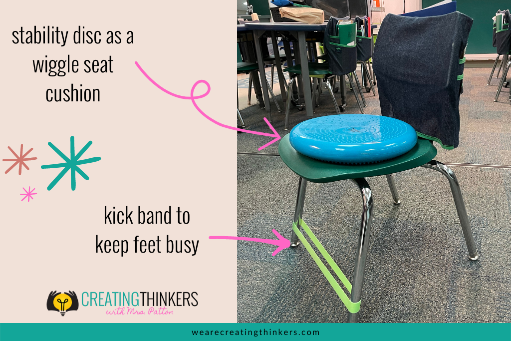 A chair with a stability dish cushion and kick band to keep kids busy when they are doing cooperative learning group work