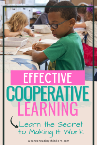 A boy sitting at a table in cooperative learning with the words “effective cooperative learning: Learn the secret to making it work” underneath.