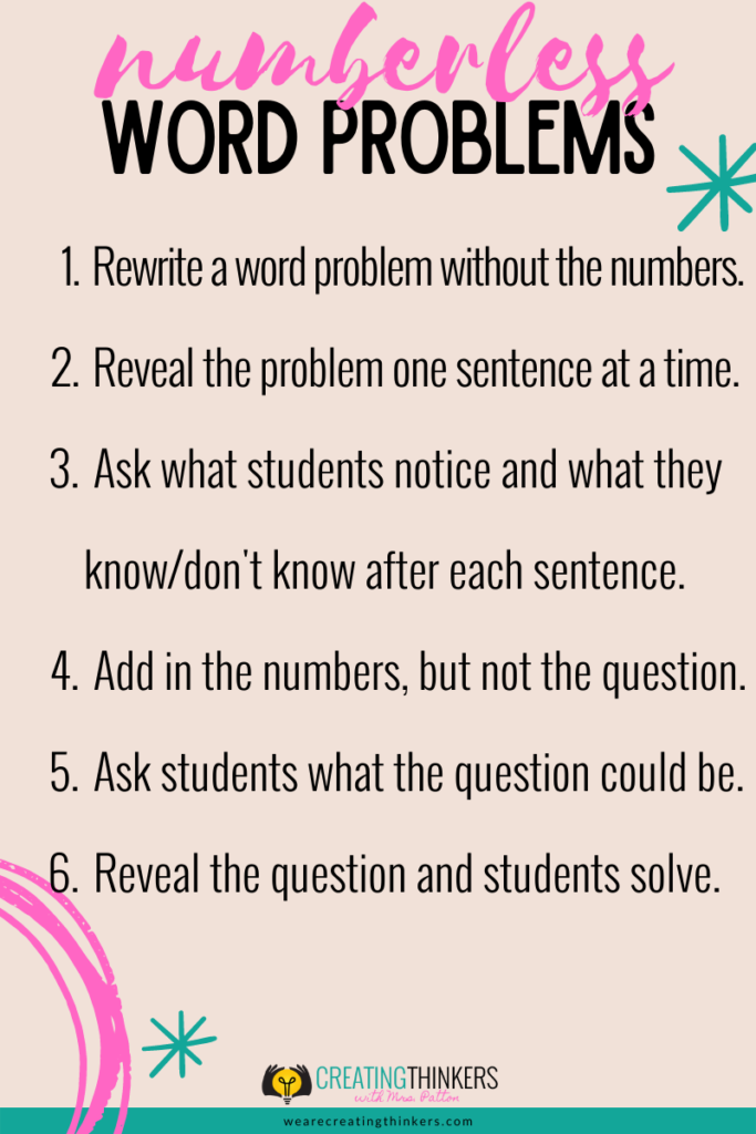 A list of directions for how to teach word problems in math using numberless word problems