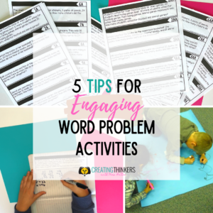 Pictures of students doing word problems in math with the words "5 tips for engaging word problem activities"