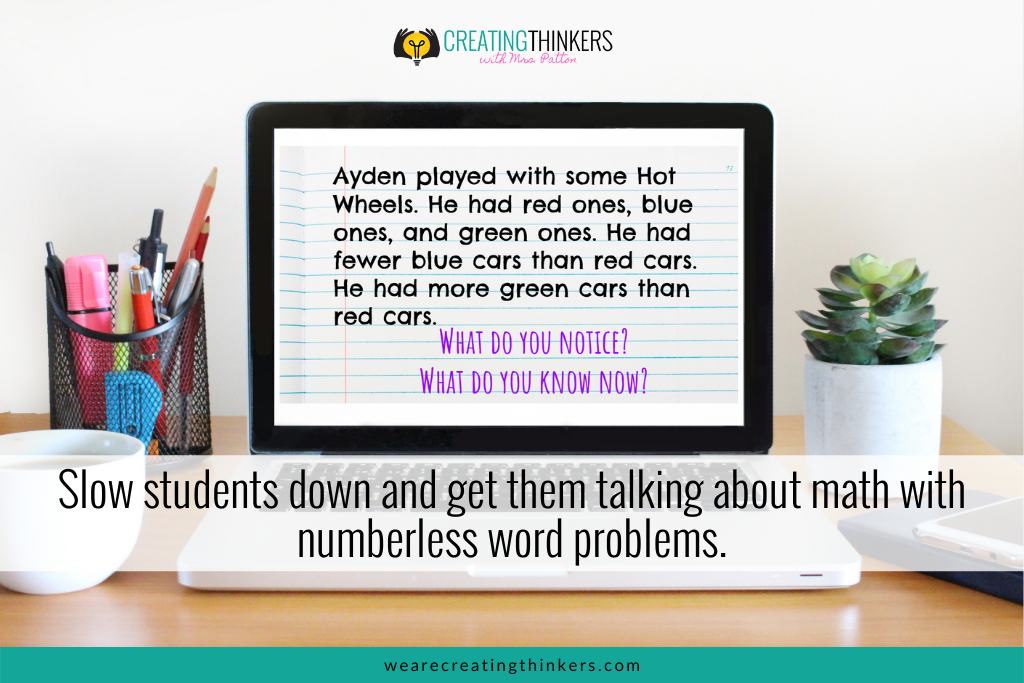 A computer with an example of the numberless word problem freebie it links to.